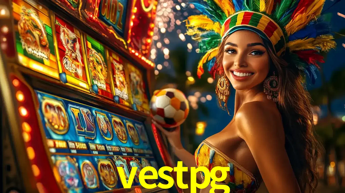 Mulher com um cocar de carnaval ao lado de uma máquina de caça-níqueis enquanto segura uma bola de futebol, mostrando a união da diversão de cassino e esportes no vestpg.