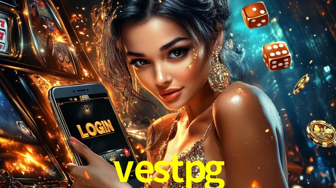 Mulher glamourosa segurando um celular com a tela de login do cassino vestpg, rodeada por dados e moedas douradas, pronta para começar a diversão.