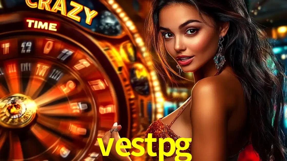 Mulher ao lado da roda de prêmios do jogo de cassino ao vivo Crazy Time, um dos shows de jogos mais emocionantes oferecidos pela plataforma de apostas vestpg.