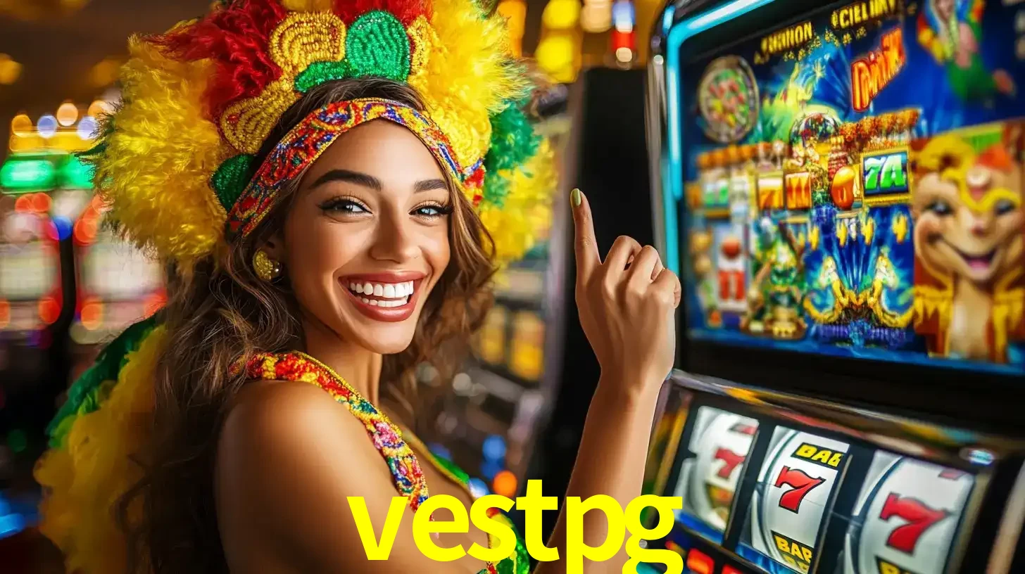 Mulher animada com um cocar de carnaval apontando para uma máquina de caça-níqueis, mostrando a emoção de ganhar um grande prêmio nos jogos do vestpg.