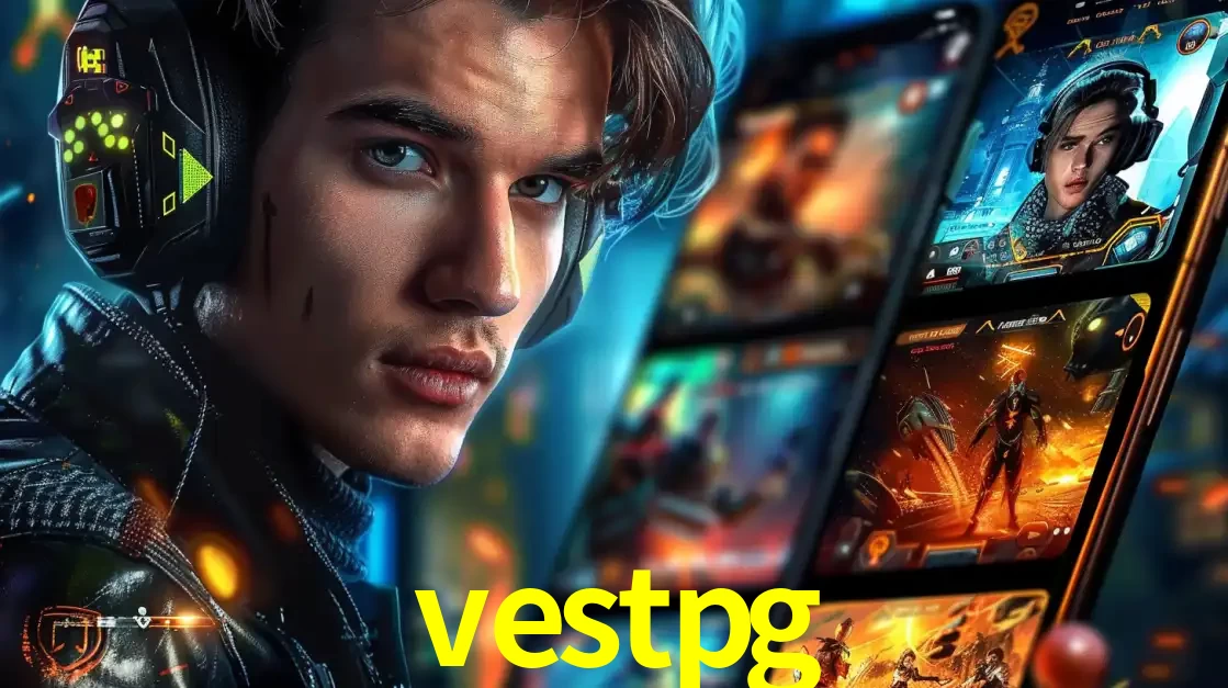 Jovem jogador com fones de ouvido olhando para a câmera, com um aplicativo de jogos e e-sports para celular ao fundo, pronto para a competição e apostas no vestpg.