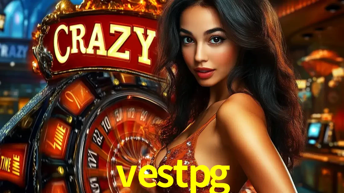 Mulher glamourosa olhando para a câmera com a roda vermelha do Crazy Time ao fundo em um ambiente de cassino, destacando a emoção dos jogos ao vivo no vestpg.
