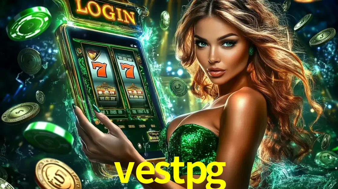 Mulher com tema verde apresentando o aplicativo do cassino vestpg com um jogo de slot de 777, cercada por fichas de cassino e uma aura de sorte.