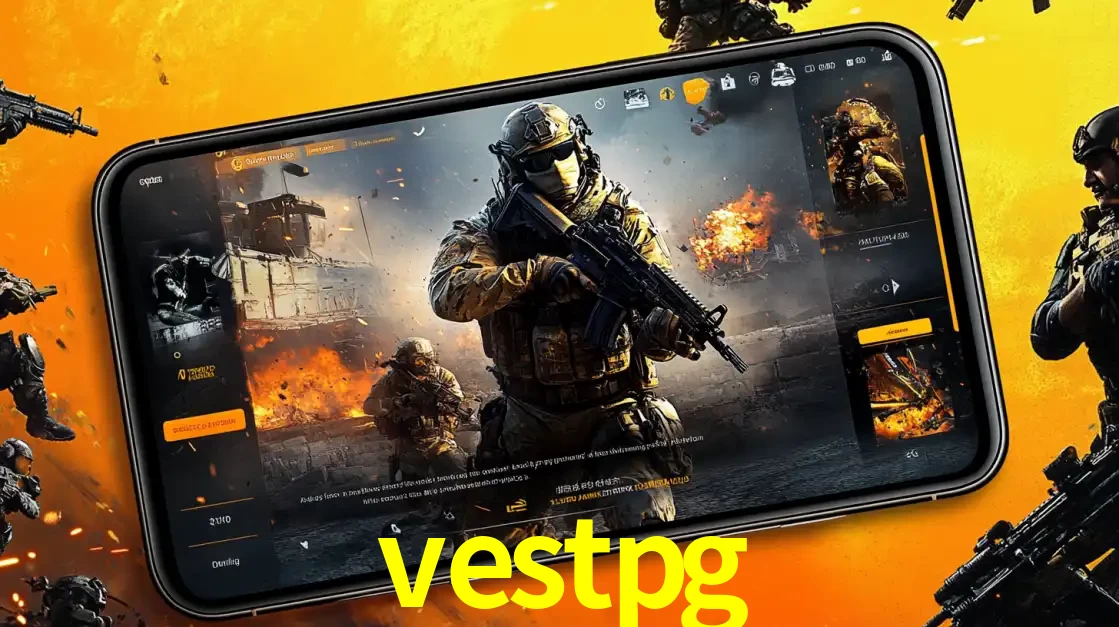 Um smartphone exibindo a interface de um jogo de tiro em primeira pessoa, com um soldado em um cenário de batalha, representando a ação dos e-sports para apostar no vestpg.