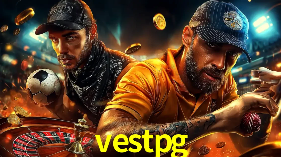 Montagem de apostas esportivas e cassino no vestpg, com um homem segurando uma bola de futebol e outro uma de beisebol sobre uma roleta e moedas voadoras.