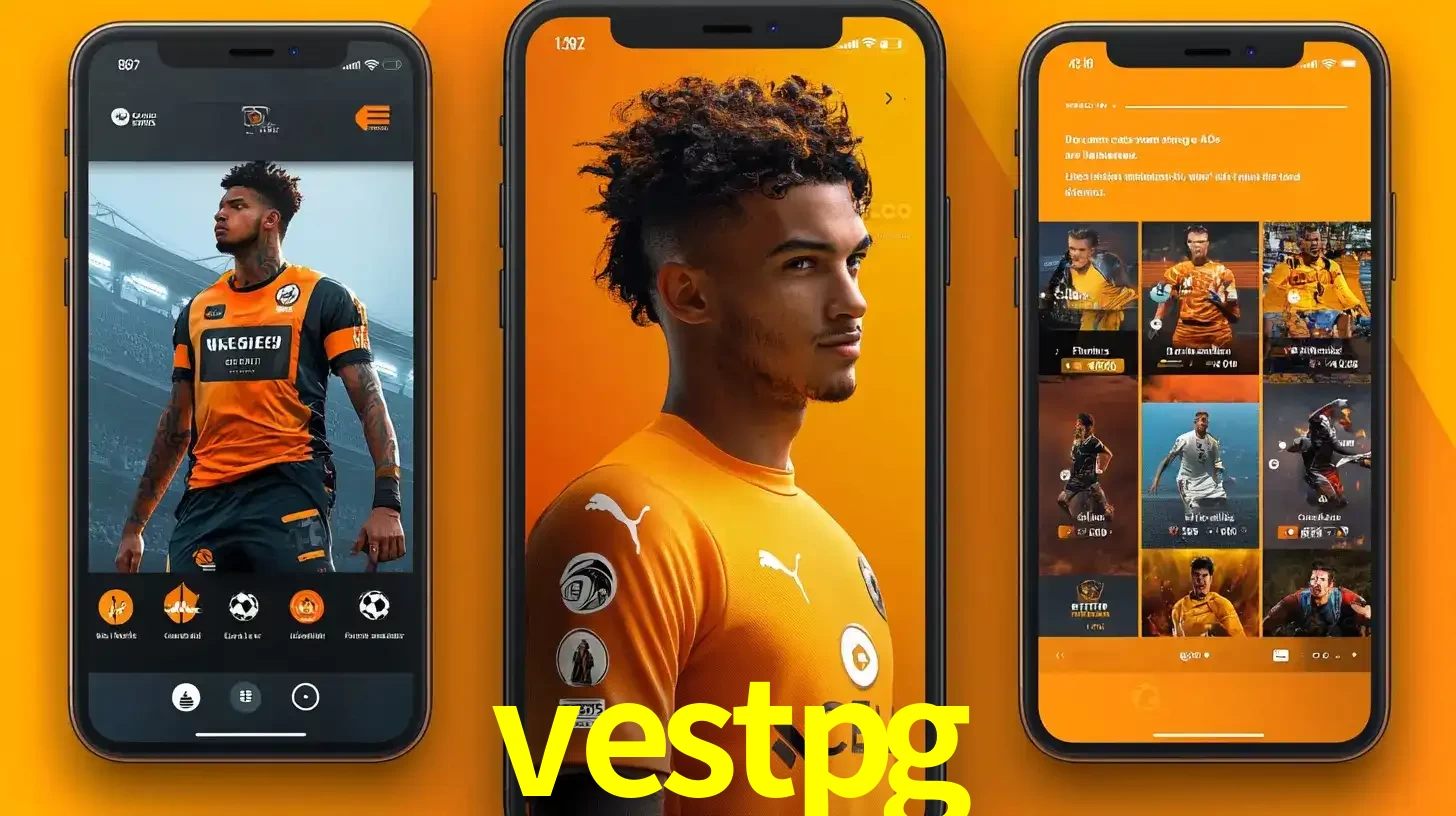 Interface do aplicativo de apostas esportivas vestpg em três telas de celular, mostrando o perfil de um jogador de futebol e a lista de jogos disponíveis para apostar.