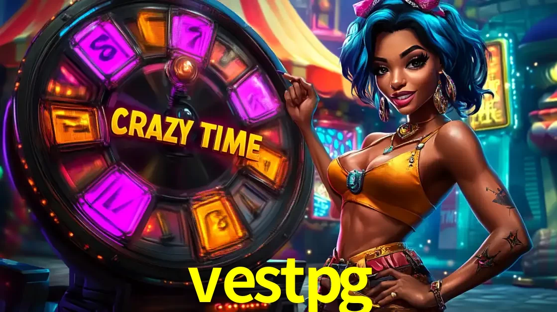 Mulher estilizada com cabelo azul e visual vibrante posando ao lado da roda de prêmios do game show Crazy Time, convidando para a diversão e os bônus do cassino vestpg.