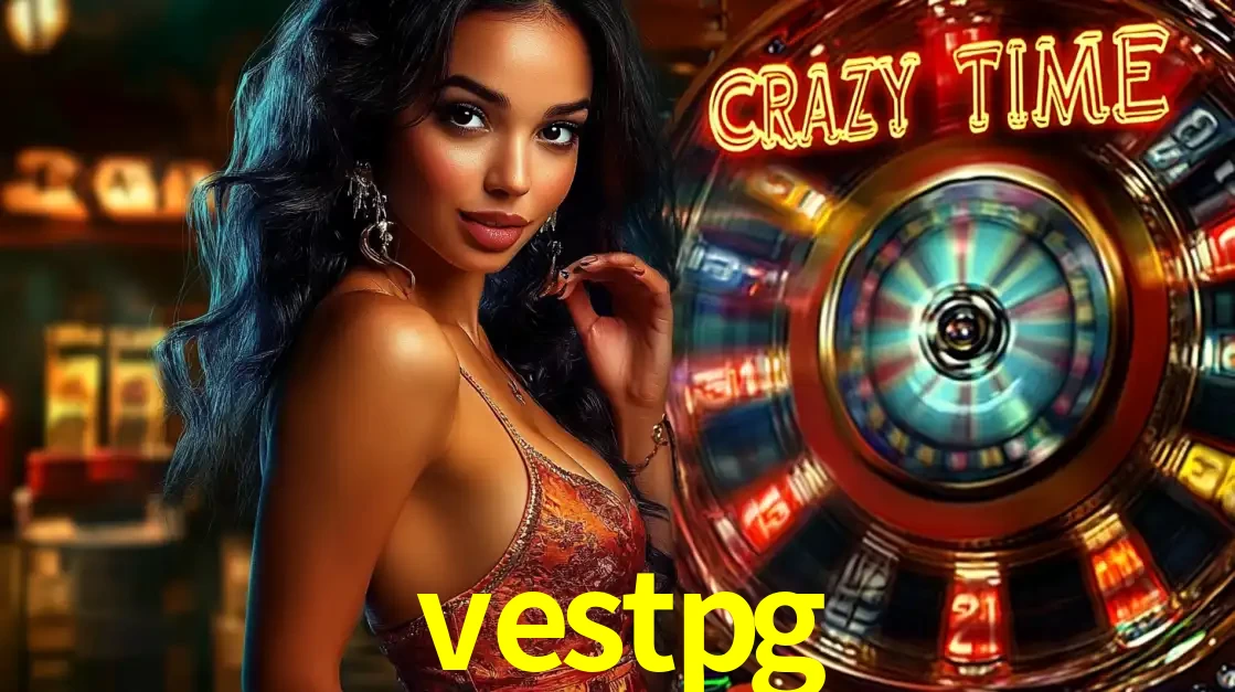 Mulher elegante ao lado da vibrante roda da fortuna do jogo de cassino ao vivo Crazy Time, um dos game shows mais populares e cheios de prêmios do vestpg.