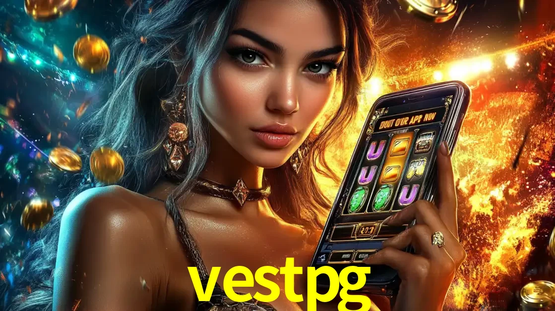 Mulher elegante mostrando um jogo de caça-níqueis em seu smartphone, destacando a experiência de cassino móvel oferecida pelo aplicativo vestpg.