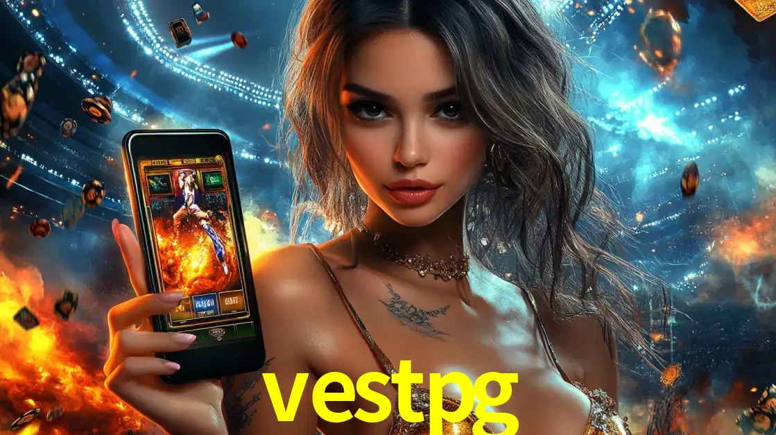 Mulher segurando um celular com um jogo de slot em destaque, tendo como fundo um estádio vibrante, simbolizando a emoção de jogar no cassino móvel vestpg.