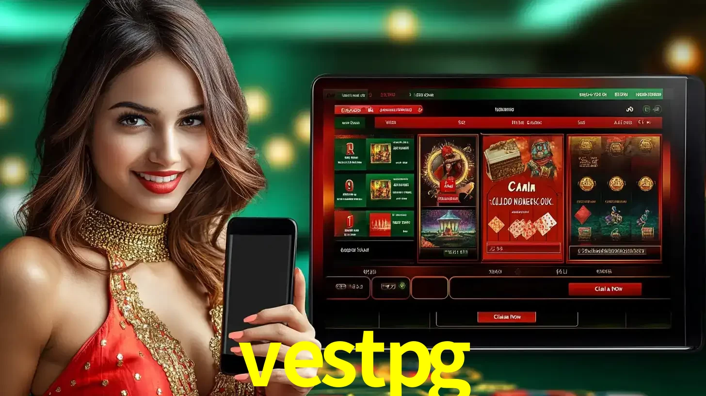 Mulher sorridente segurando um smartphone, ao lado de uma tela exibindo o lobby de jogos do cassino online vestpg, com várias opções de jogos de cartas e slots.